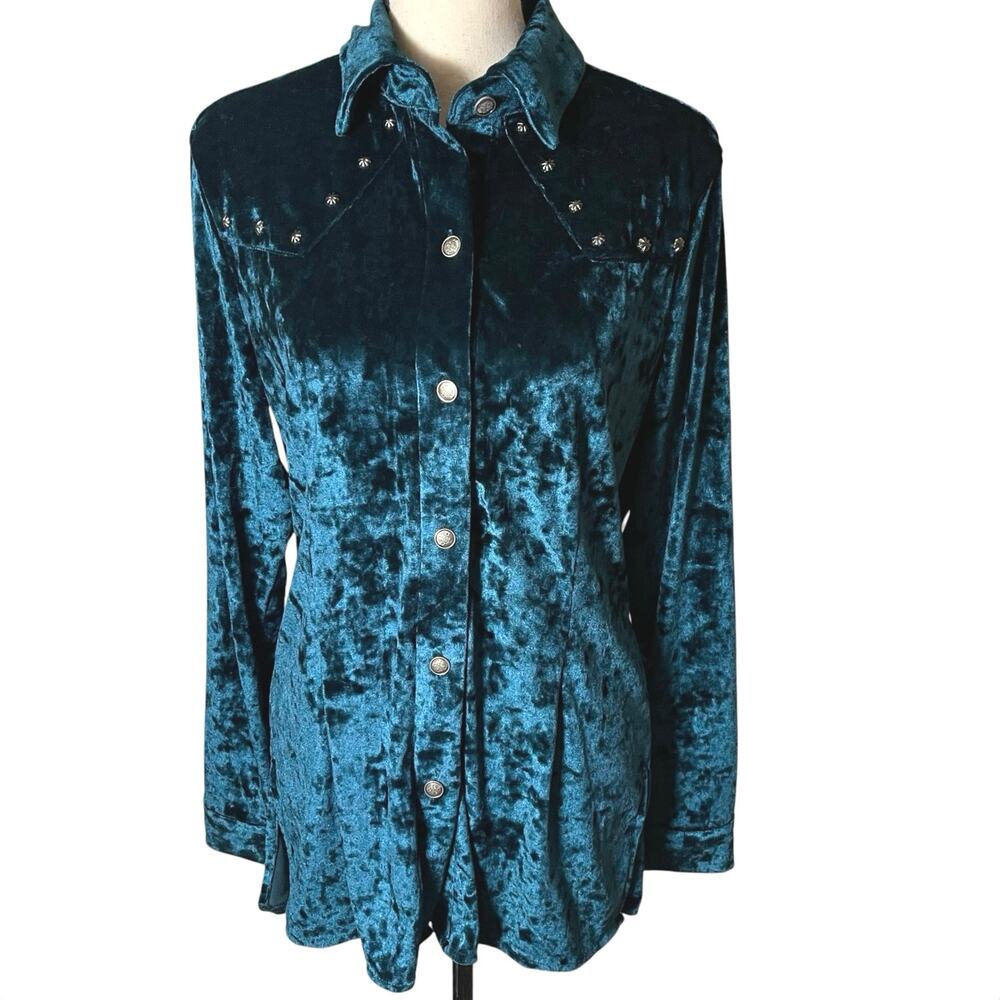 Rhonda’s Ranch Teal Crushed Velvet Studded Western Yoke Shirt Small Whimsigoth
